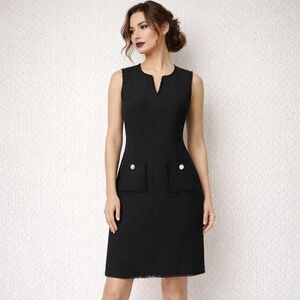 Karl Lagerfeld Paris Sleeveless Black Tweed Shift Dress Fringe Trim Pearl Accent